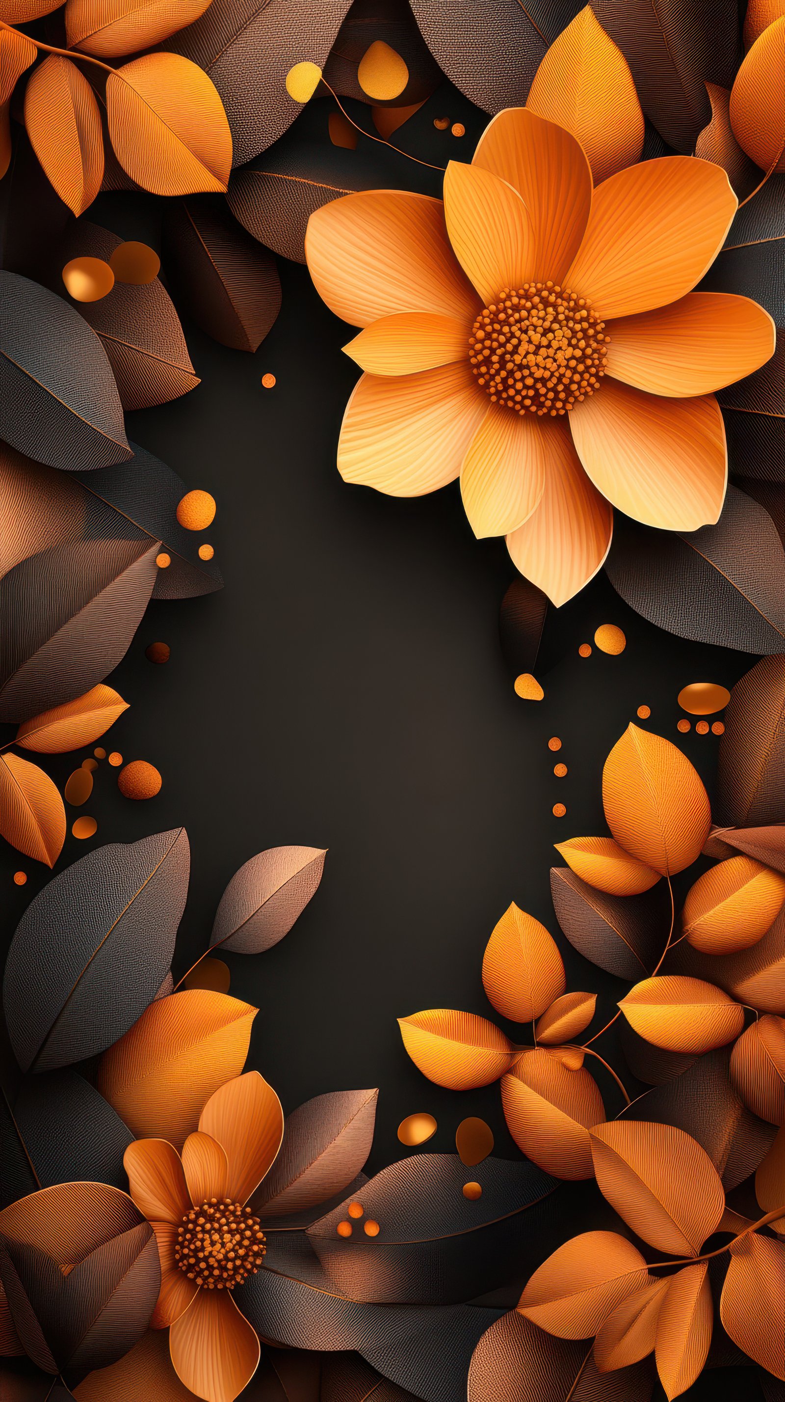 Vibrant orange flowers and leaves create a stunning autumn-inspired design against a dark background